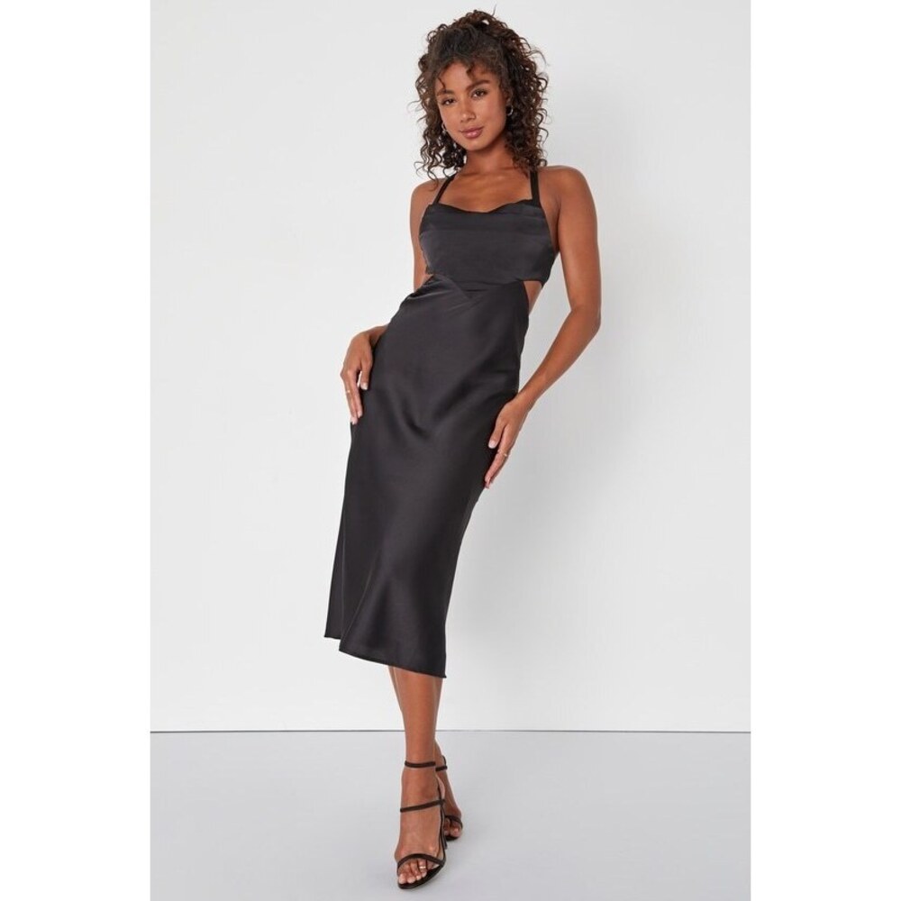 Lulus Stun To Remember Black Satin Cowl Neck Cutout Midi Dress - Size S